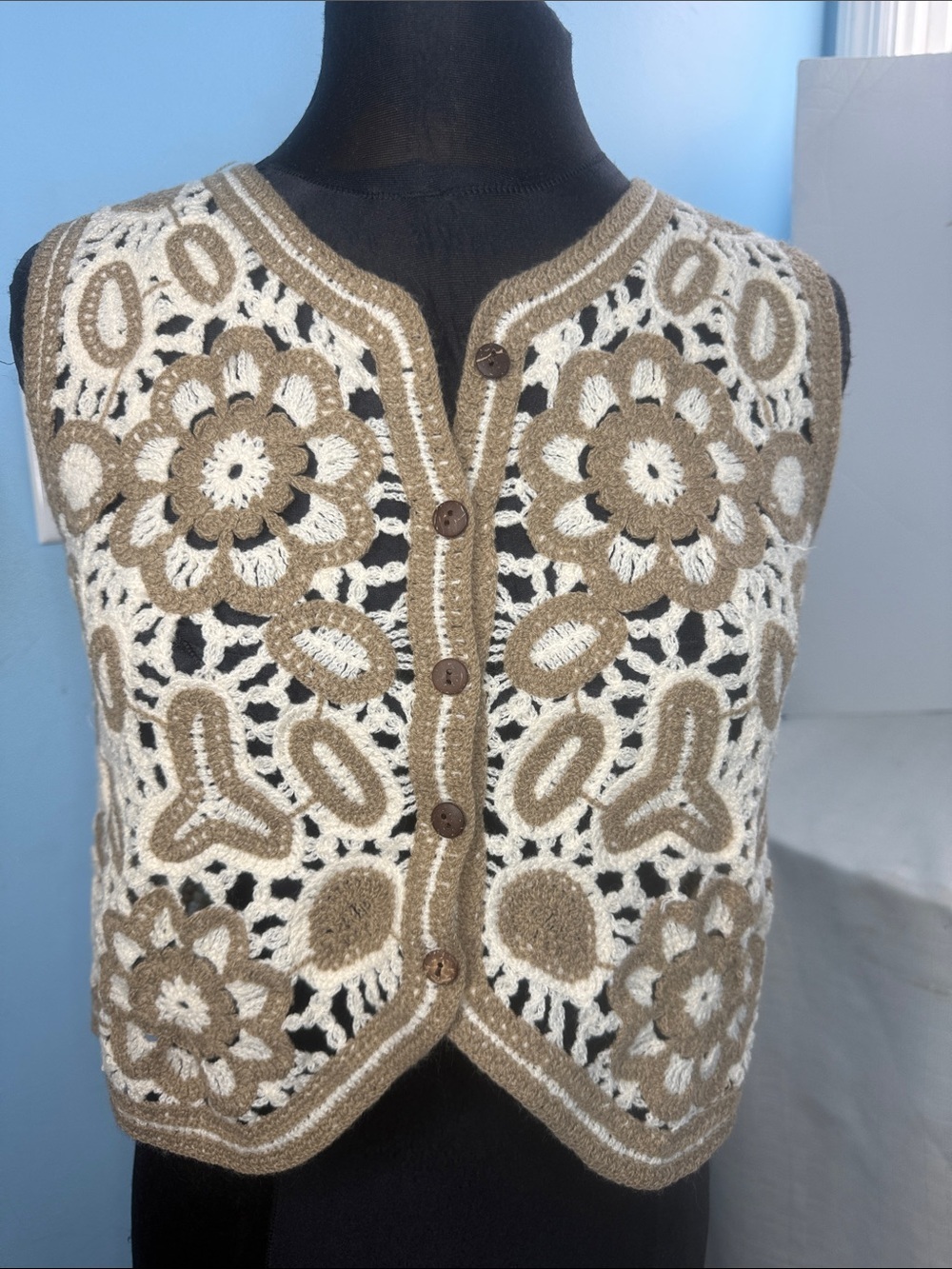 Crochet Floral Top/ Vest in Cream & Tan